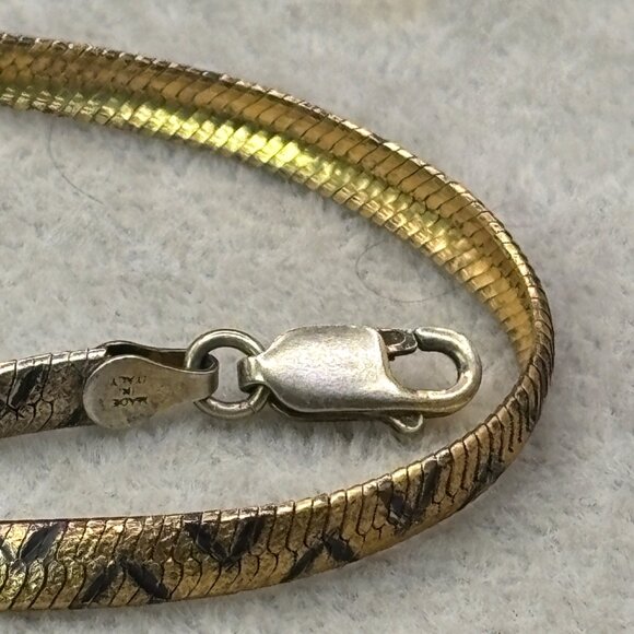 Italian Bracelet 925 Silver With Gold Vermeil Snake Chevron Chain Design 7” - Picture 11 of 16
